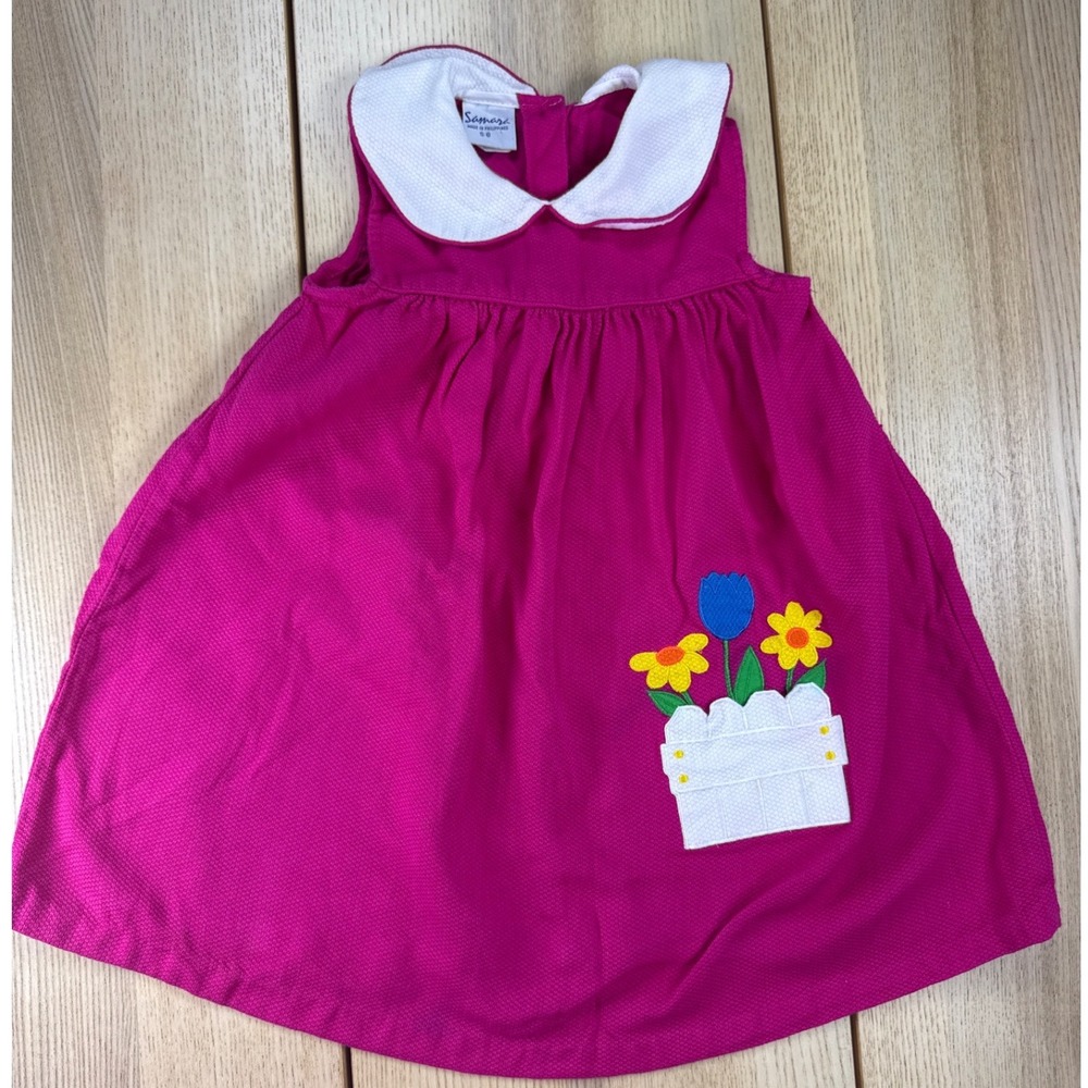 Samara Girls Pink Cotton Peter Pan Collar Floral Applique Dress Size 6